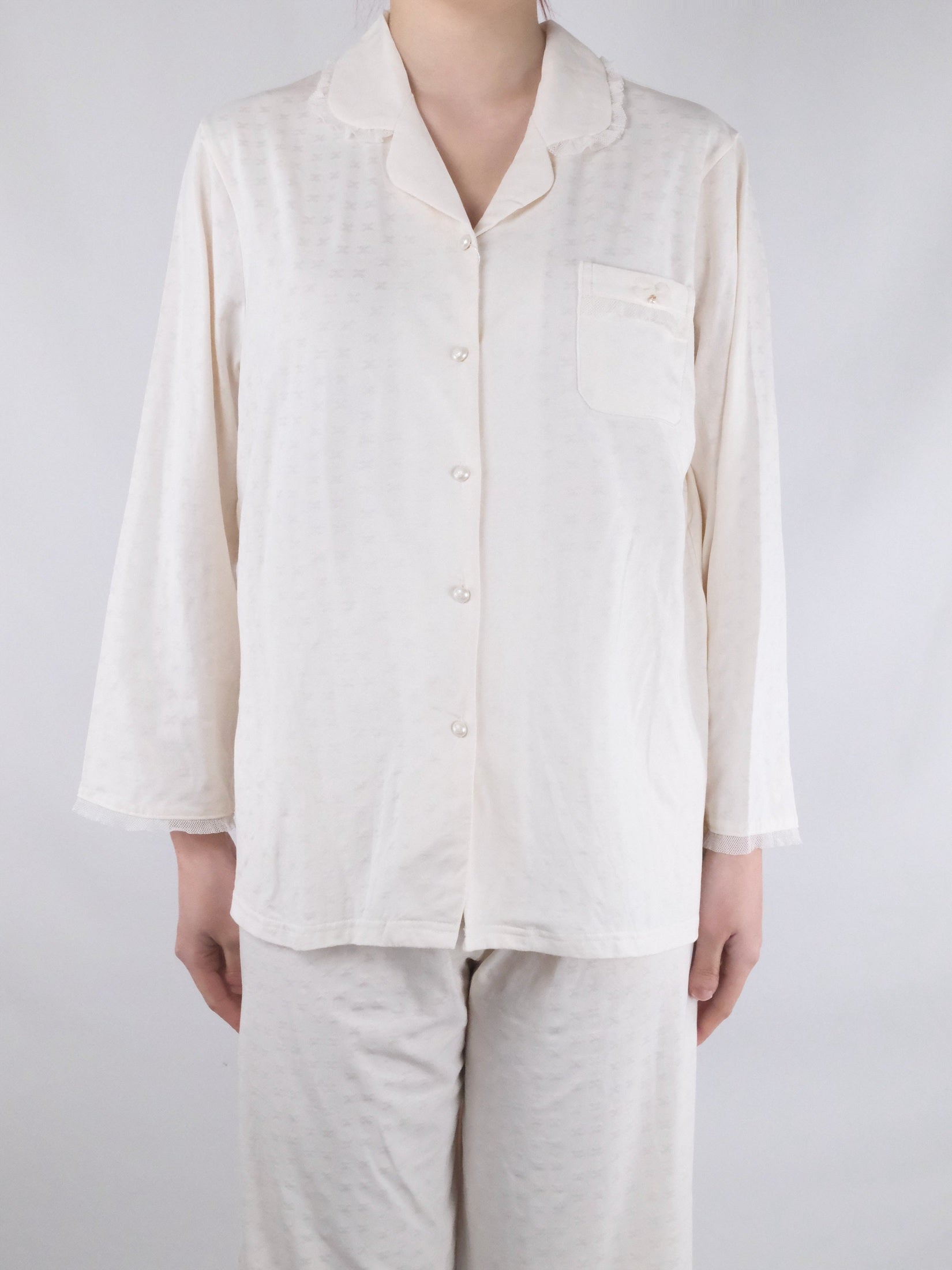 Cream Button-Front with Lace Trim & Wide-Leg Pants