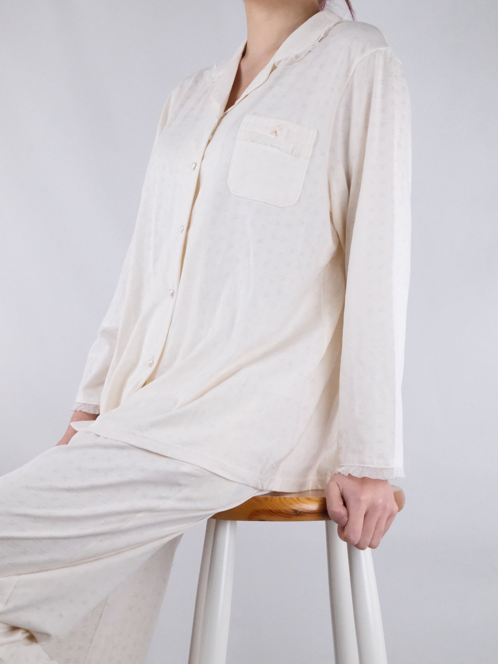 Cream Button-Front with Lace Trim & Wide-Leg Pants