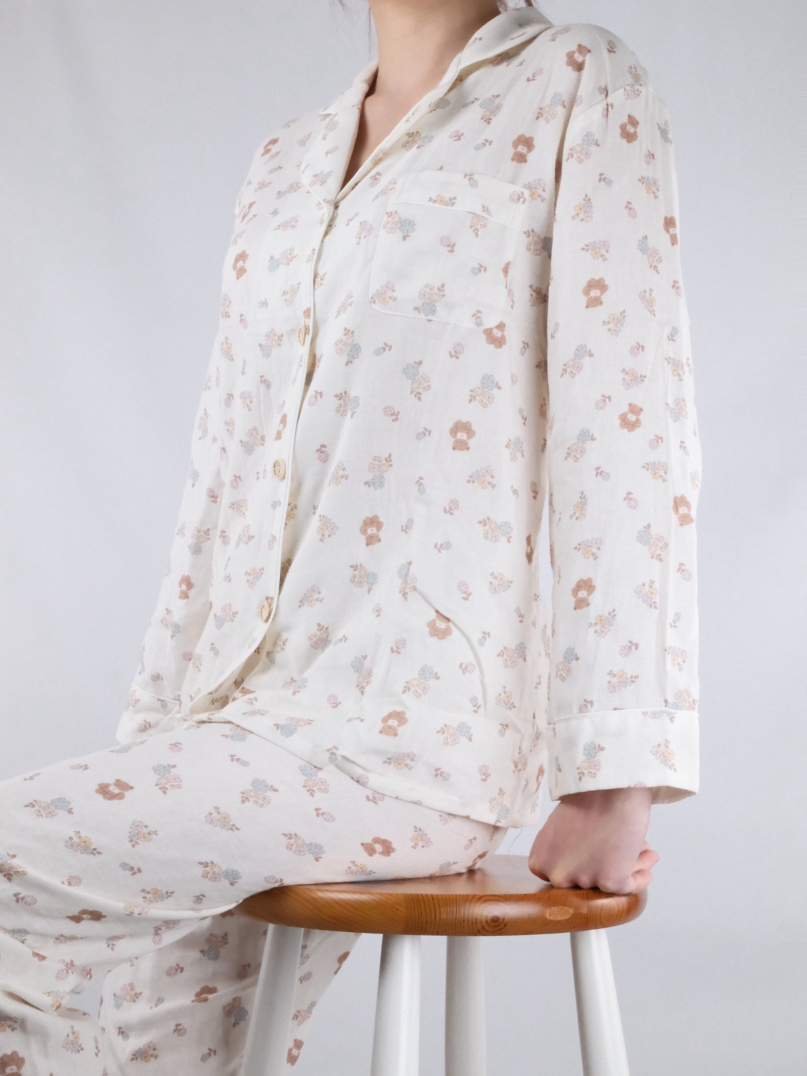 Off-White with Bears and Flowers Print