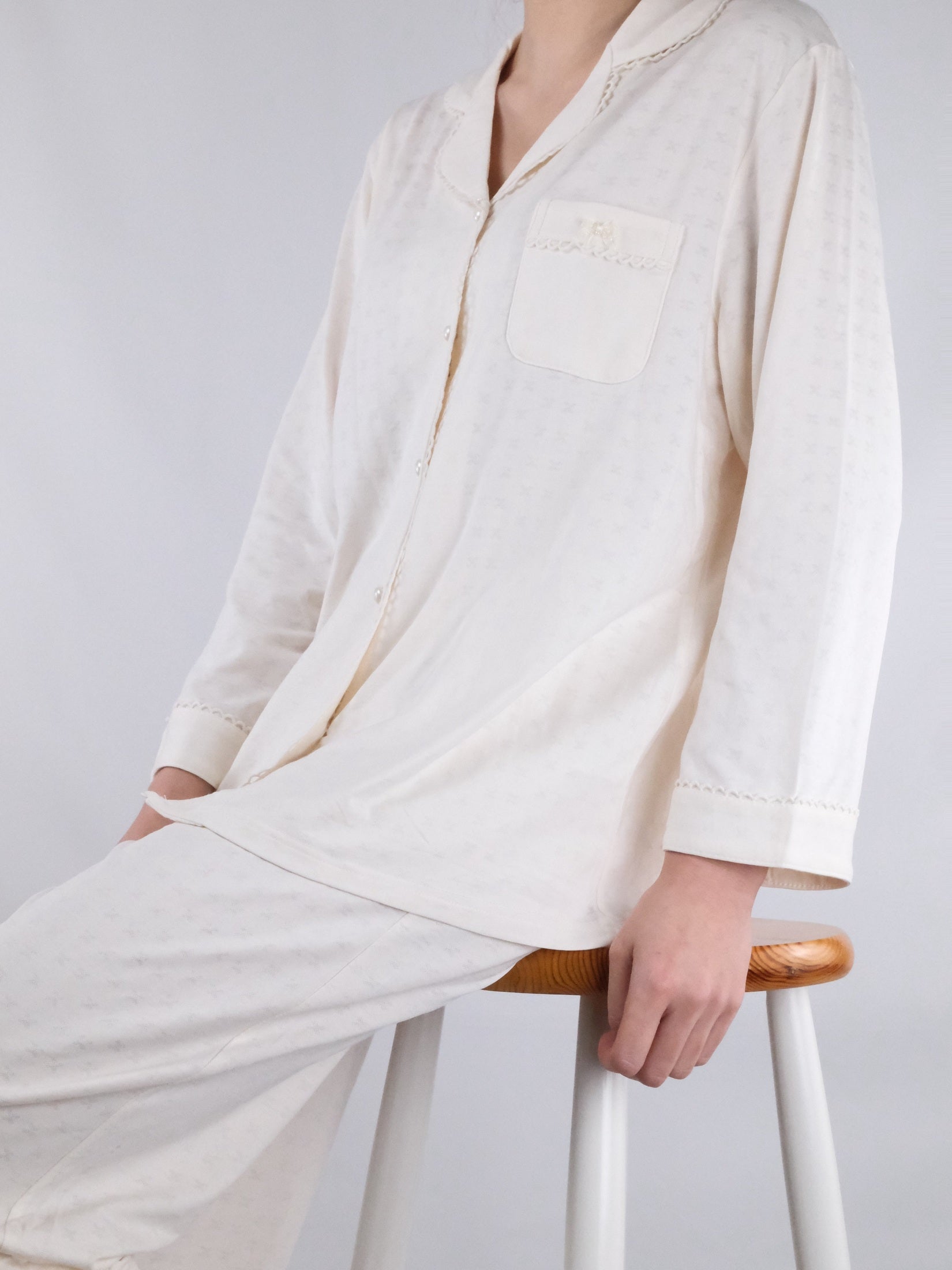 Cream Button-Front with Crochet Trim and Wide-Leg Pants