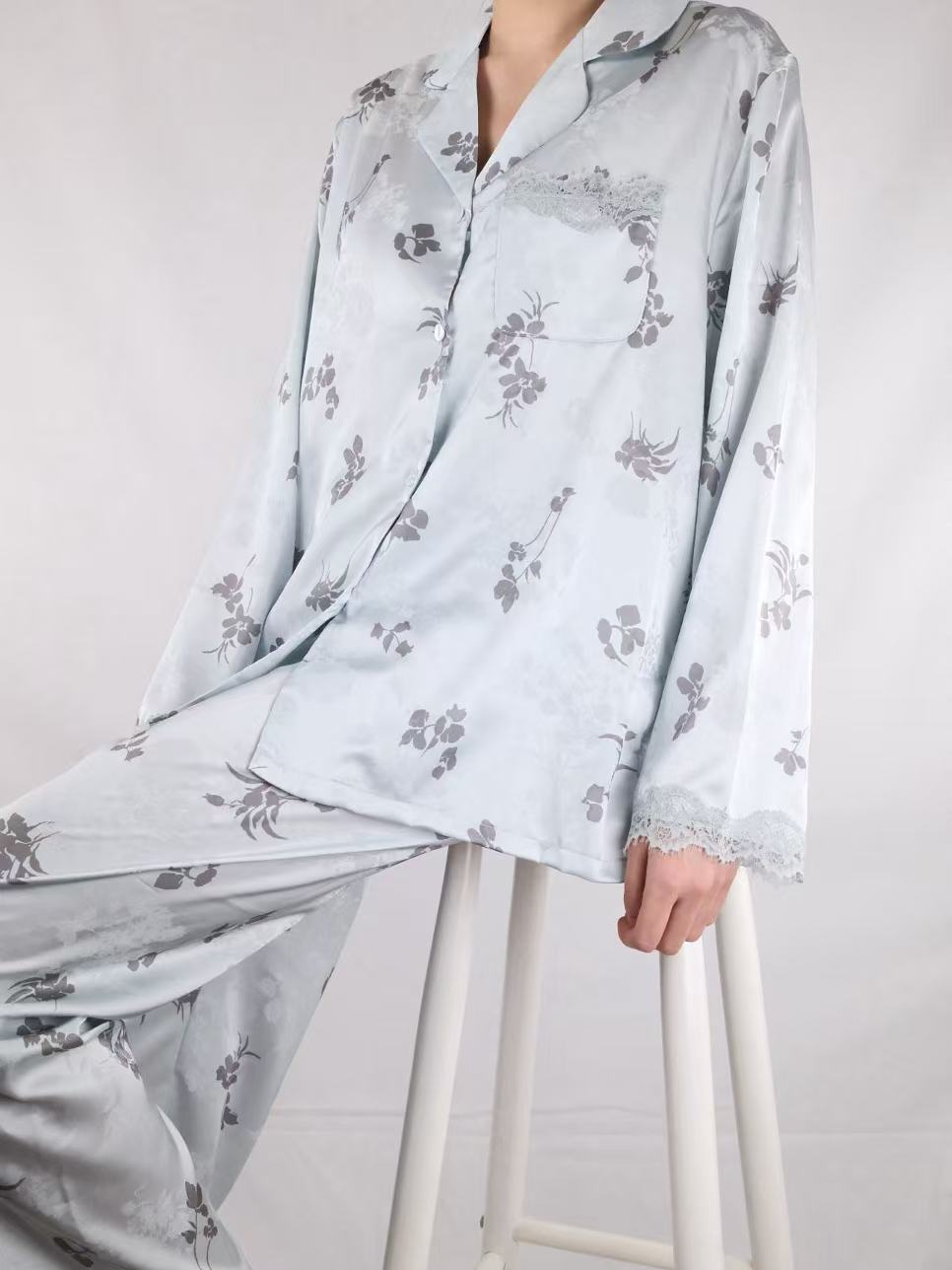 Baby Blue Floral Print with Lace Trim