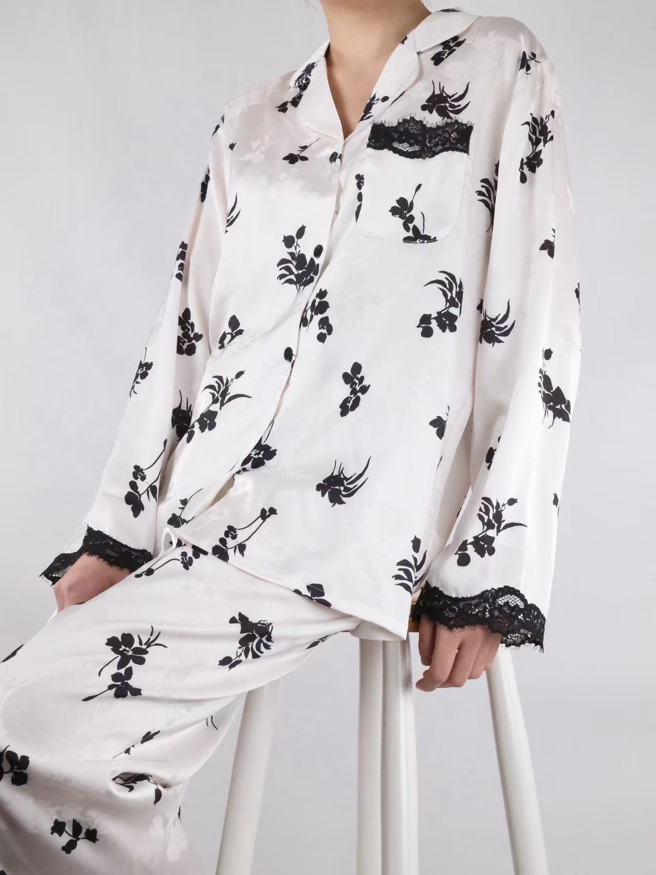 Glacier White Floral Print with Lace Trim