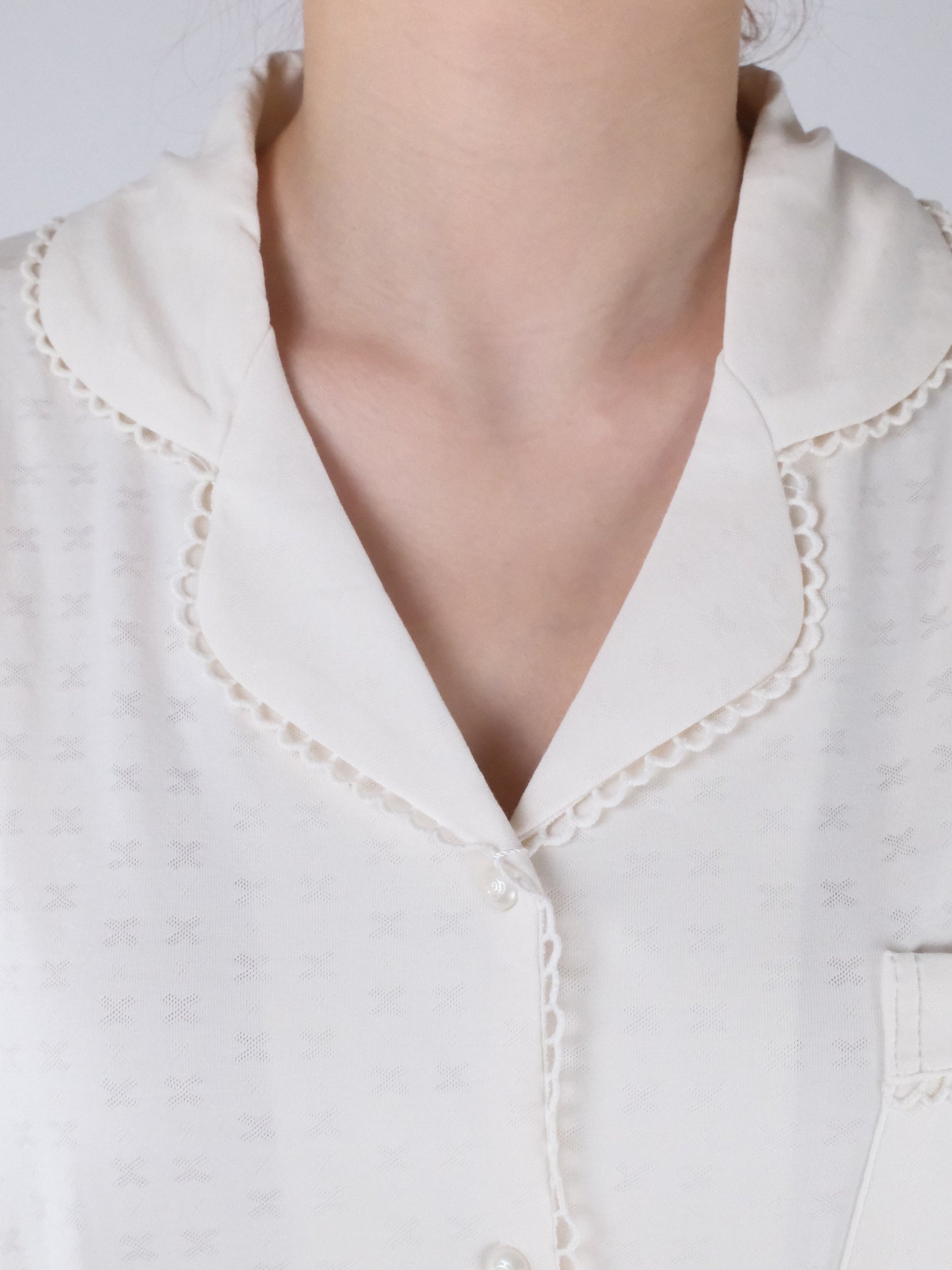 Cream Button-Front with Crochet Trim and Wide-Leg Pants