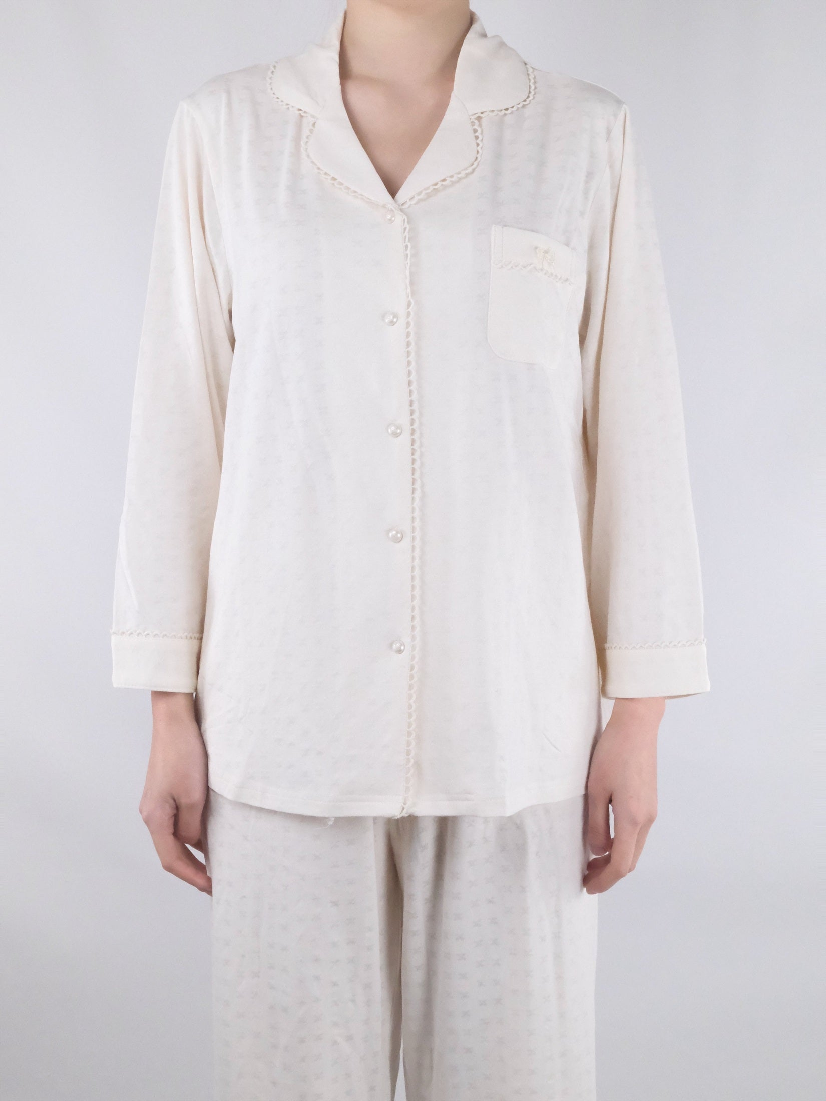 Cream Button-Front with Crochet Trim and Wide-Leg Pants