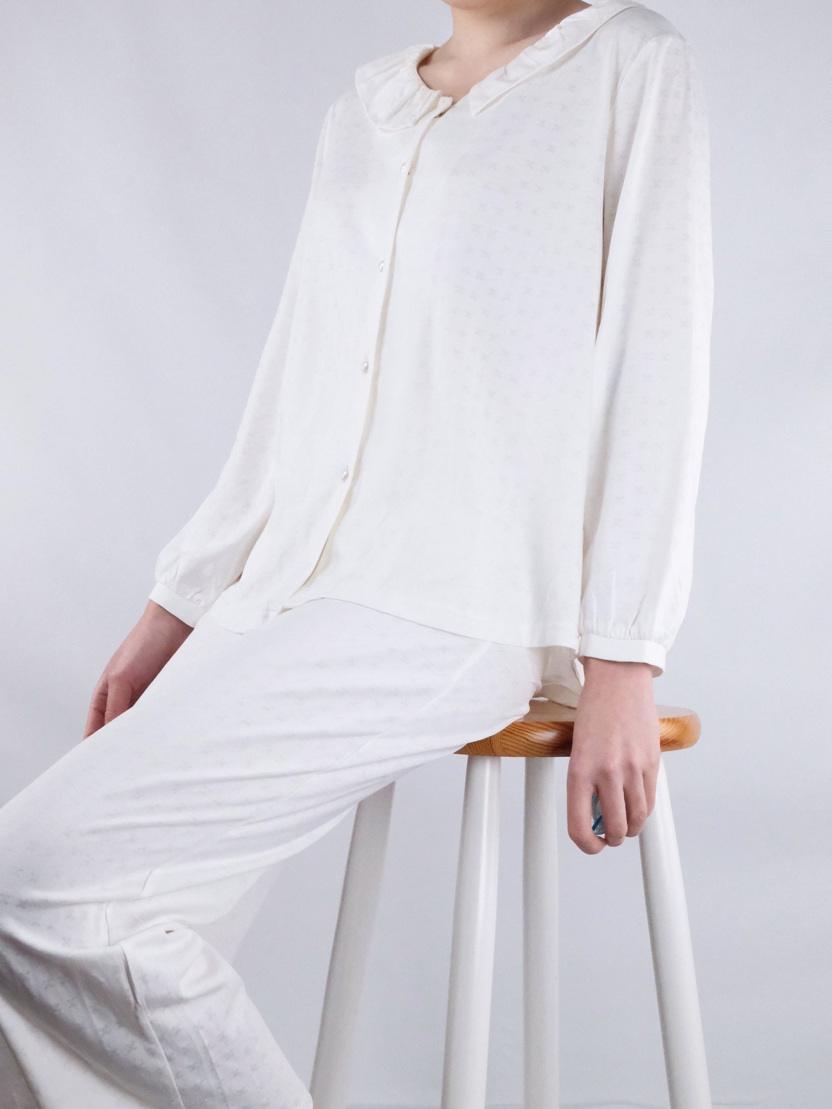 Glacier White Relaxed Fit Button-Front with Ruffled Collar