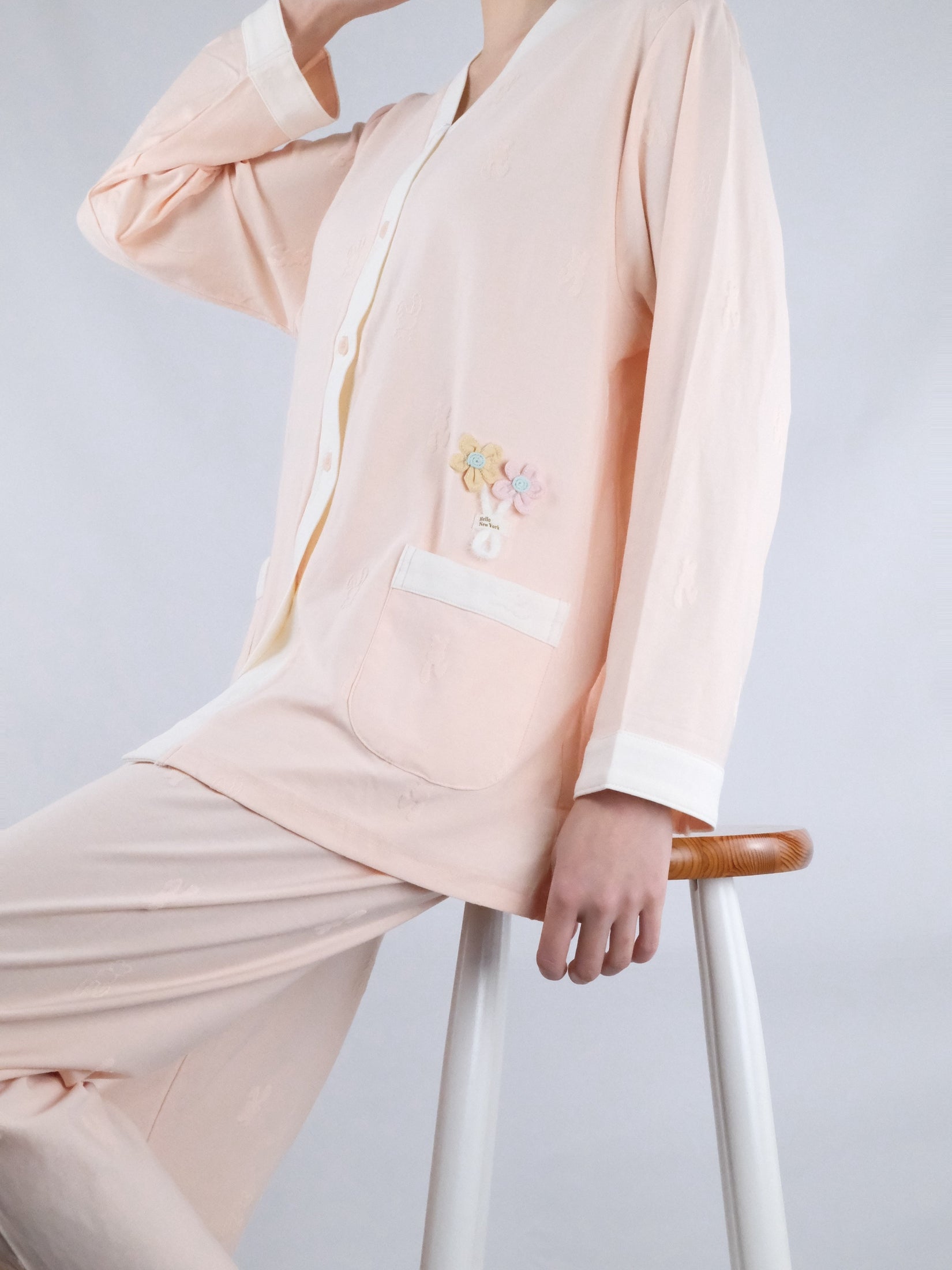 Salmon Pink V-Neck with Embroidery