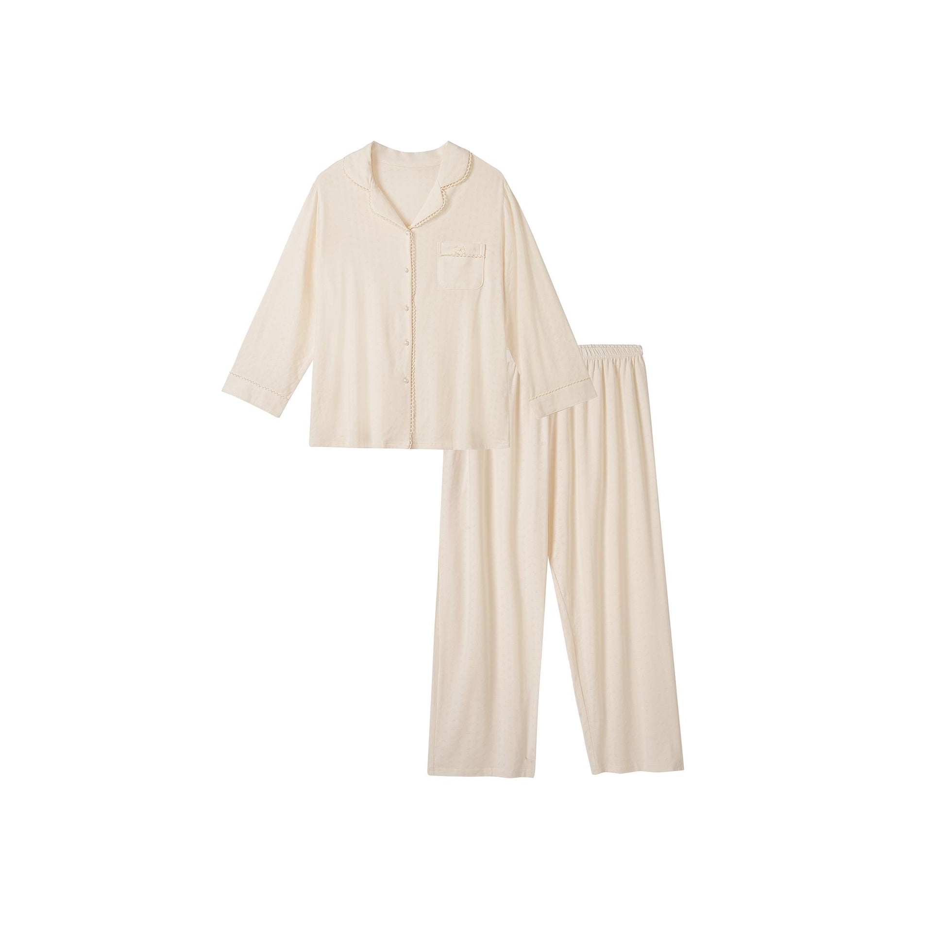 Cream Button-Front with Crochet Trim and Wide-Leg Pants