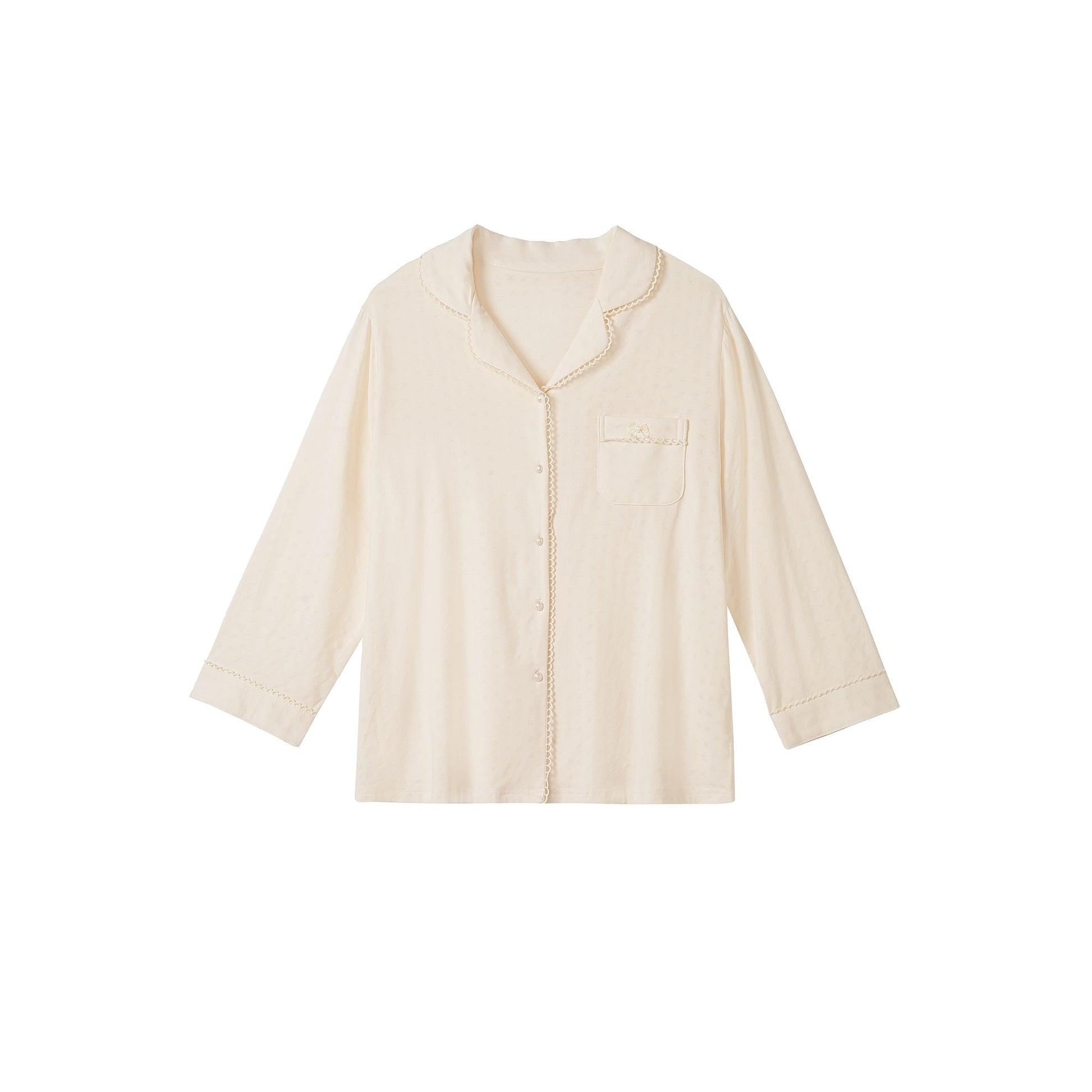 Cream Button-Front with Crochet Trim and Wide-Leg Pants