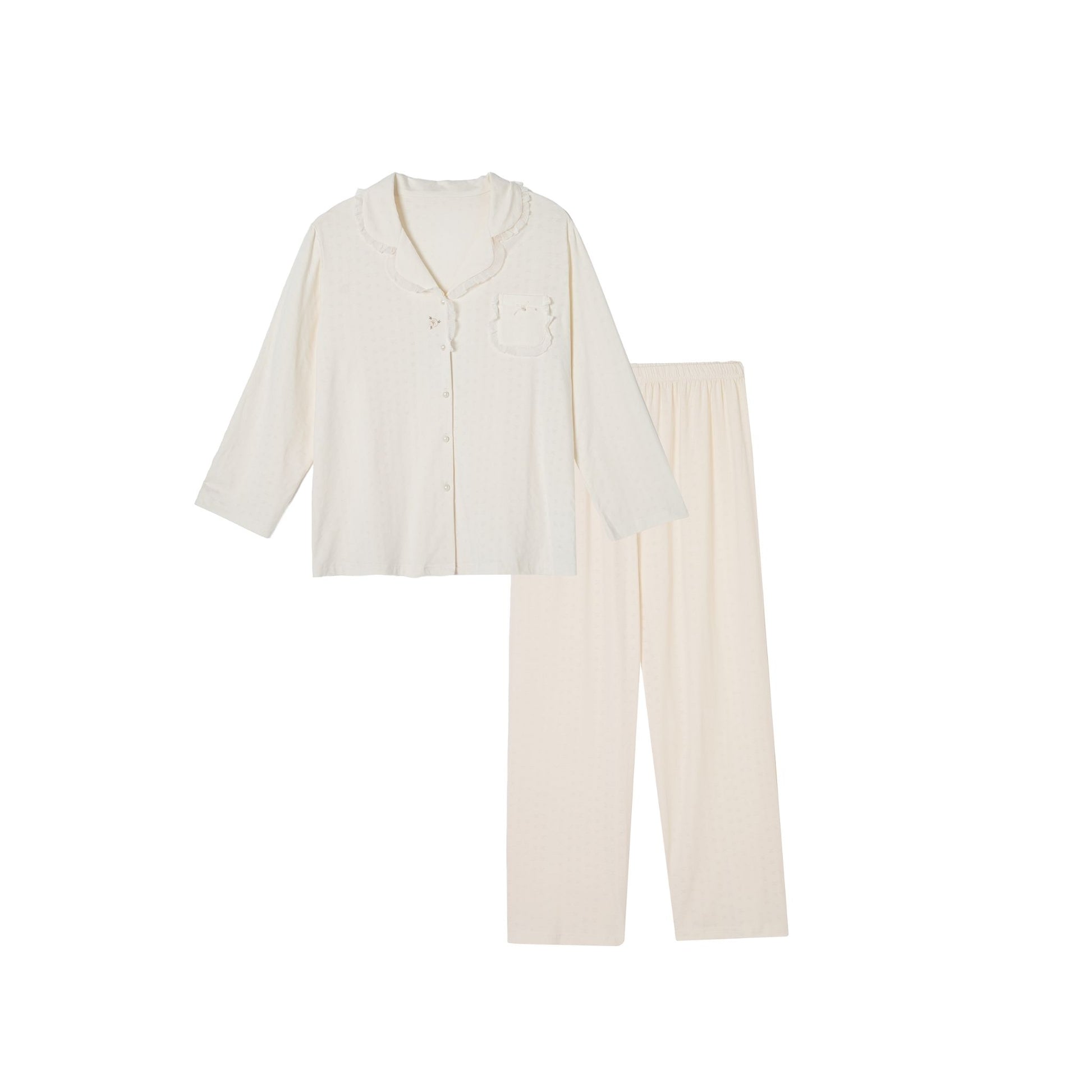 Cream Button-Front with Lace Trim & Wide-Leg Pants