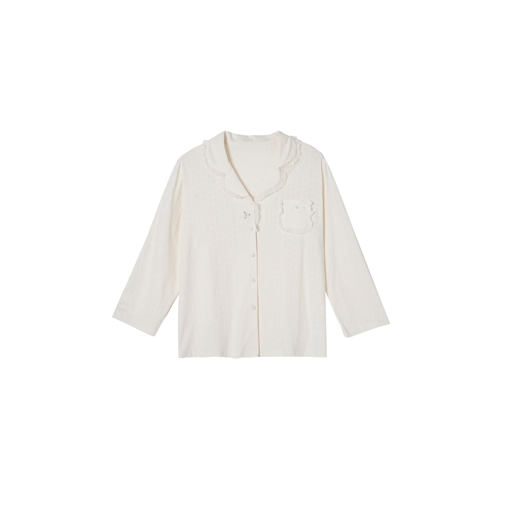 Cream Button-Front with Lace Trim & Wide-Leg Pants